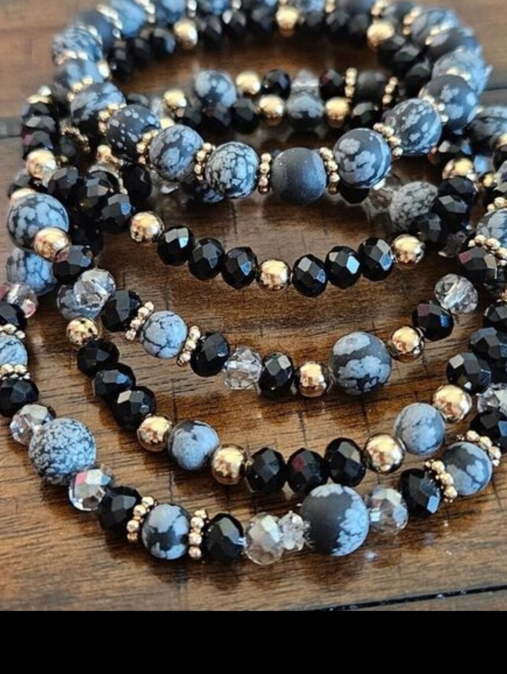 5 Handmade Black/White Obsidian Bracelets Black Crystals & Gold Beads